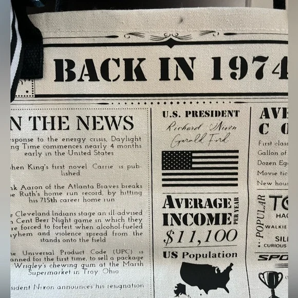 NWT “1974 Vintage, Back in 1974” Large Canvas Tote Bag Black & White Bow Detail - Picture 5 of 13